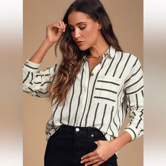 Amelia Dawn Off-White Striped Long Sleeve Button-Up Top  Size 2XL - Picture 2 of 8